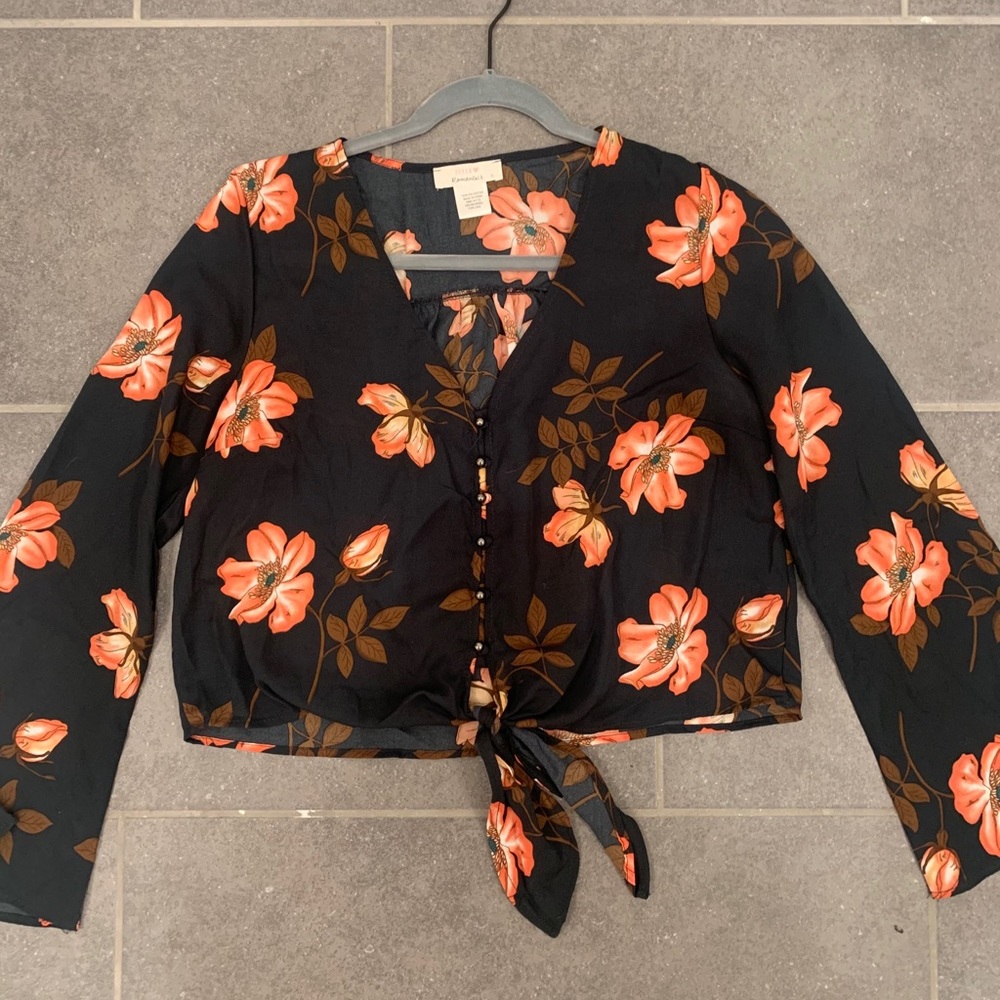 Navy with warm toned floral blouse!